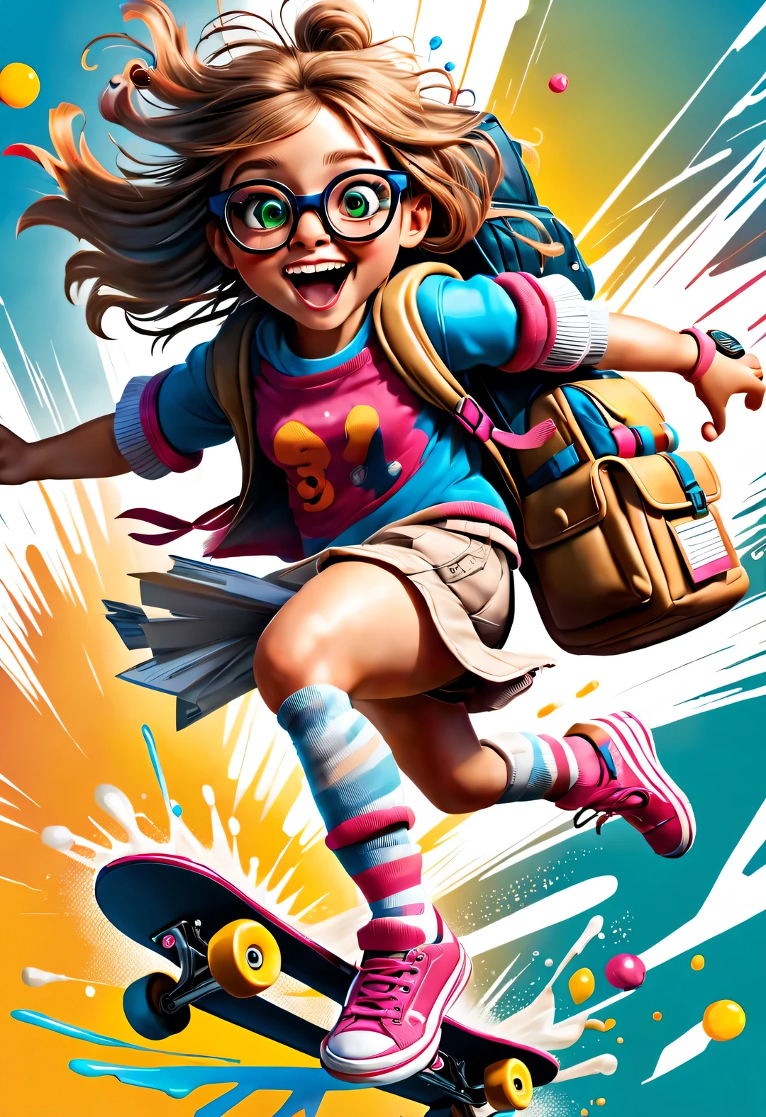 Grunge style, (running, sweaty, Crazy little girl happily sprinting on skateboard: 1.2), (Free to get off work), (Open your mouth wide), (Backpack), (Carrying many official documents and glasses: 1.3), Hip hop fashion design style, splash,