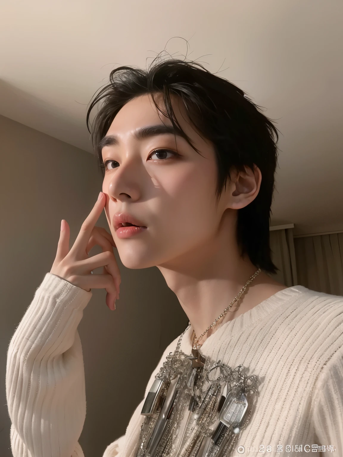 arafed asian man in a white sweater and necklace making a grimace, kim doyoung, cai xukun, Jinyoung Shin, TaeJune Kim, 1 7 - - old co cara delgada, pintar ulzzang, hyung tae, steven jung, delicate androgynous prince, hong junio hyung, chico cara delgada, pale korean adorable face, hombre surcoreano