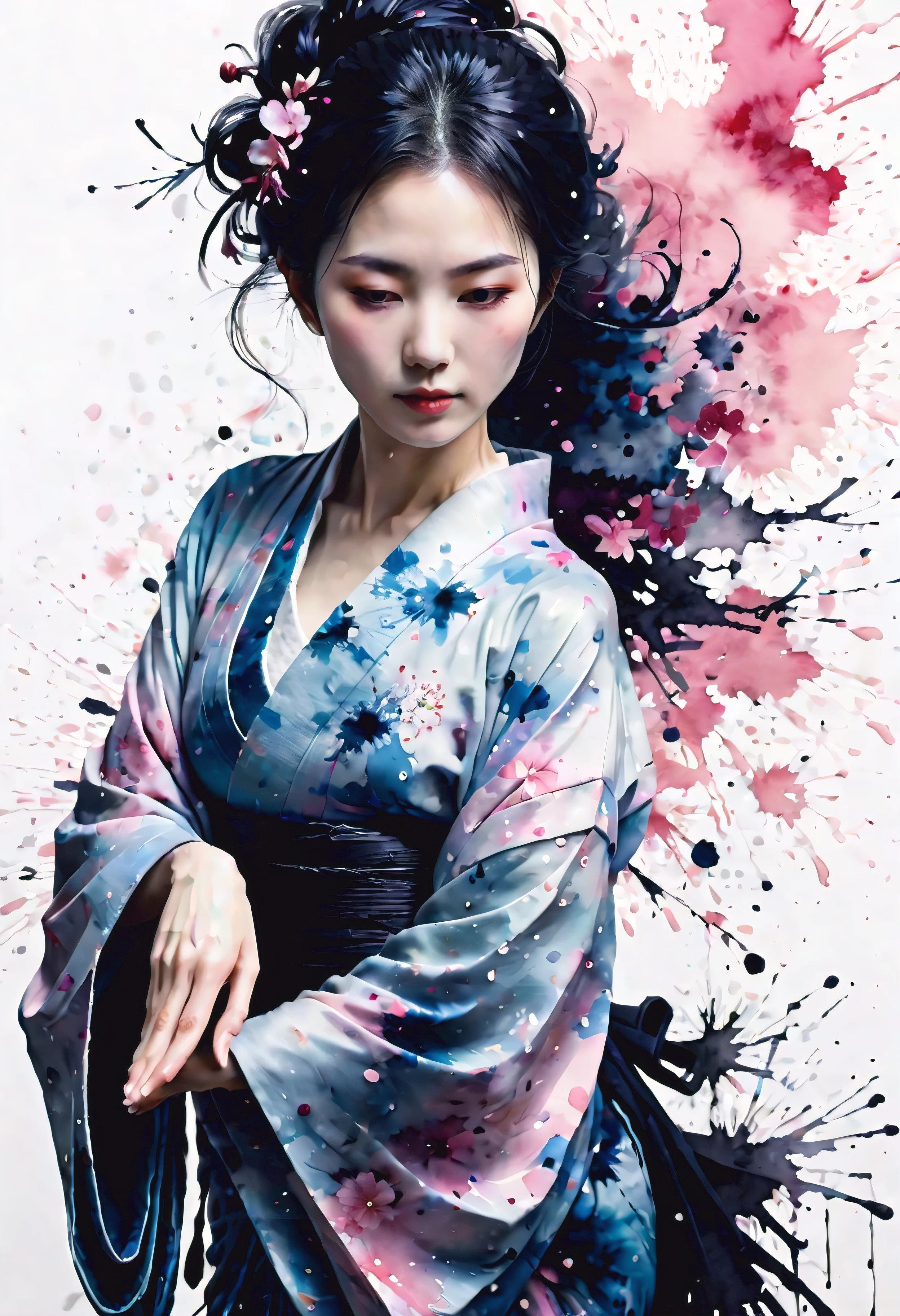 (ink_splatter_art:)1.5), ((darkest_insane_silhouette_illustration):1.2), ((Japanese_ink_art):1.3),((Movie-like still images and dynamic angles):1.3), ((cool and beautiful dark silhouette):1.1), ((Unparalleled sharpness and clarity):1.1), ((Radiosity rendered in stunning 32K resolution):1.3). | Geisha in ink on a white canvas, In the style of ink splatter, black and pink, Agnes Cecile, Traditional Dance, Kimono, Ink splatter art, Ink splatter in kimono, Ink splatter sakura, Ink splatter bamboo. | She is adopting a ((dynamic_pose as interacts, boldly moving a exciting way):1.3), (genuine、photogenuineistic、photogenuineistic: 1.37), ((perfect_pose):1.5), (((upper body))), ((perfect_fingers, better_hands, perfect_hands, perfect_legs)), ((perfect_fingers, better_hands, perfect_hands, perfect_legs):0.7), (((More_Detail))).