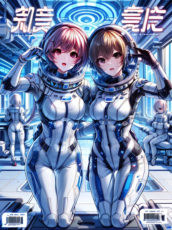 highest quality、Masseter muscle part、cover、2 girls、(White spacesuit)、(blonde):1.5、(futuristic, Tight Fit Bodysuit)、headphone、Cyberpunk futuristic city background、masterpiece、highest quality、
