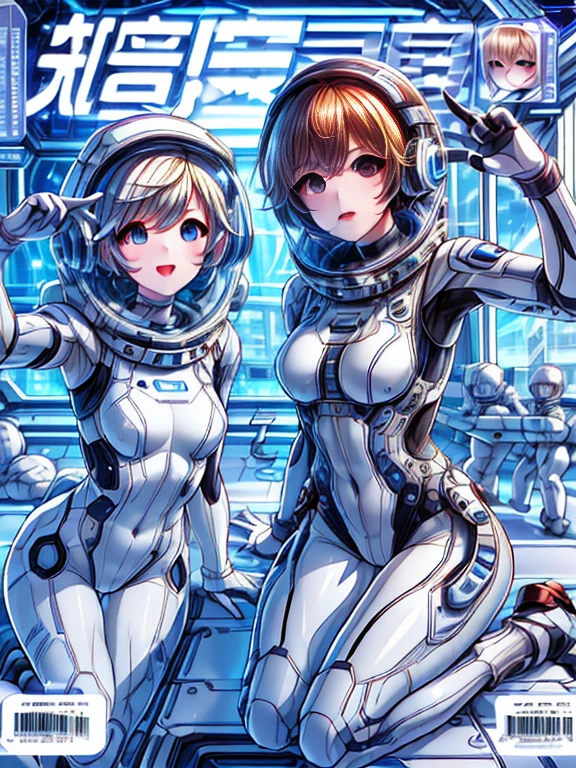 highest quality、Masseter muscle part、cover、2 girls、(White spacesuit)、(blonde):1.5、(futuristic, Tight Fit Bodysuit)、headphone、Cyberpunk futuristic city background、masterpiece、highest quality、