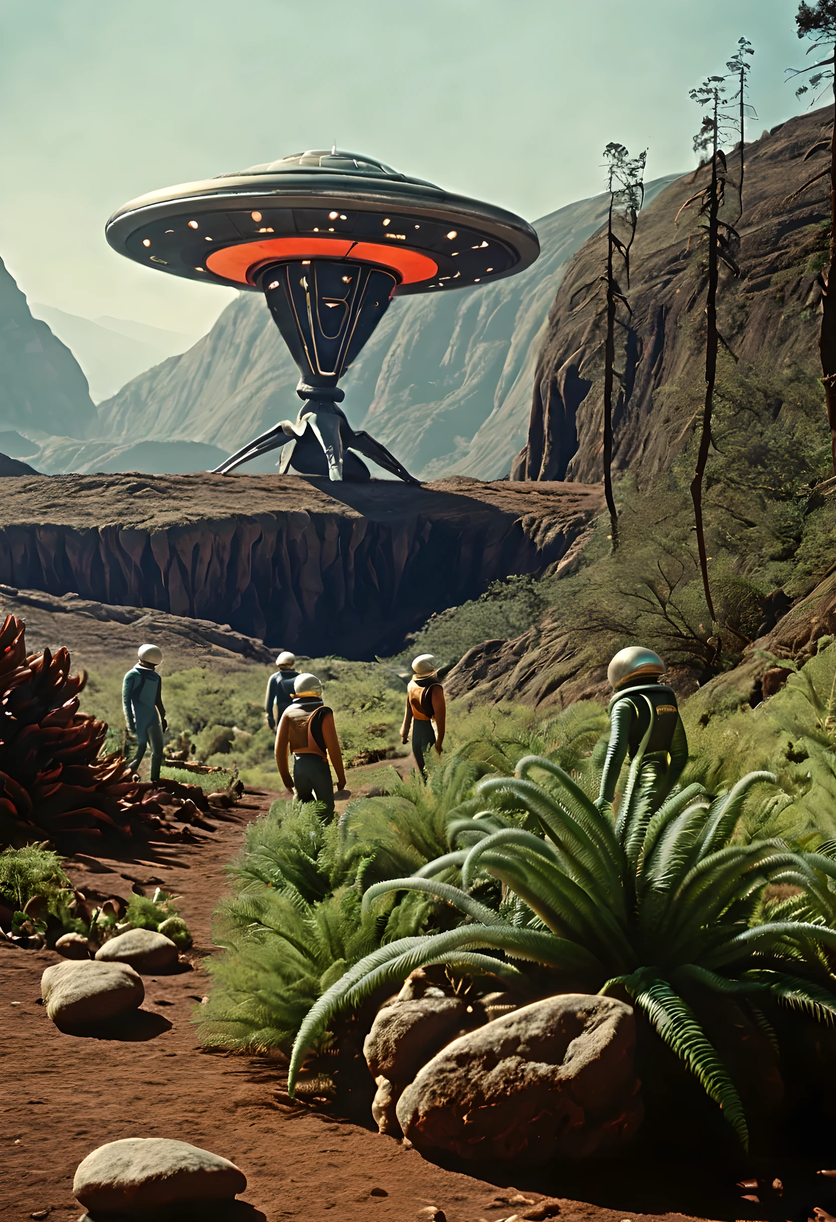action scene, personagens correndo fugindo, (((aventura))), Crew of an old starship from a 1960s TV series in a rustic, planeta pitoresco, lost in space, with scenic plants and rocks, republic series, Programa de TV de Irwin Allen, Science fiction, Uniformes de acampamento coloridos estilo Star Trek e Lost in Space, retro look, vintage, estilo antigo, rostos perfeitos tipo atores dos anos de 1960, ((ROSTOS PERFEITOS)), large very colorful scenery, cogumelos gigantes, Alien plants, ((ROSTOS PERFEITOS)), include an alien in the crew, rostos melhorados, alienogen, robot, Planeta Extraterrestre, TV studio lighting, fake scenario