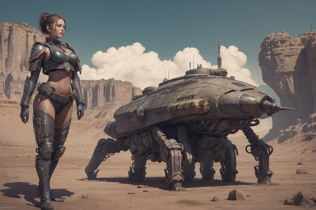 Ultra realistic 16K CG, masterpiece, Best Composition, Photo quality, work of art, Against the backdrop of an imperial star cruiser taking off, detailed imperial super tank, side view, high detail, Lots of elements, armored tracked vehicles, flying cargo ships, Sun rays, on the sides there are many detailed artillery batteries, The Distant Future, Grand Canyon in the background, naked slave, there are cyborgs and spider robots around her, detailed face, Detailed body, super skin, Very beautiful legs, Photo quality, (masterpiece, top quality, Best quality, Official art, beautiful and aesthetically pleasing:1.2), extremely detailed,(fractal art:1.1),(Colorful:1.1)(flowers:1.3),as detailed as possible,(confuse:1.2), whole body, against the background of a fantastic city in the style of Star Wars by John Lucas, Street, cyber fiction, The Distant Future, Science fiction, fantastic bombers flying in the sky, (shiny skin), (many colors:1.4), (earrings), Ultra Detailed, Girl naked, очень detailed face, 2 characters, Detailed vagina. detailed hands, gloomy atmosphere of an unknown planet, post apocalypse, twilight, the lights of a sun, princess and her slave with guard escort, a lot of security, shoulders exposed, There is no underwear, panties in hand, accompanied by a mobile, heavily armored robot in the form of a spider, rich colors, inscriptions and numbers, the coat of arms of the empire on the armor, battle flags flutter, Napoleon's army uniform motifs, Transparent clothes
