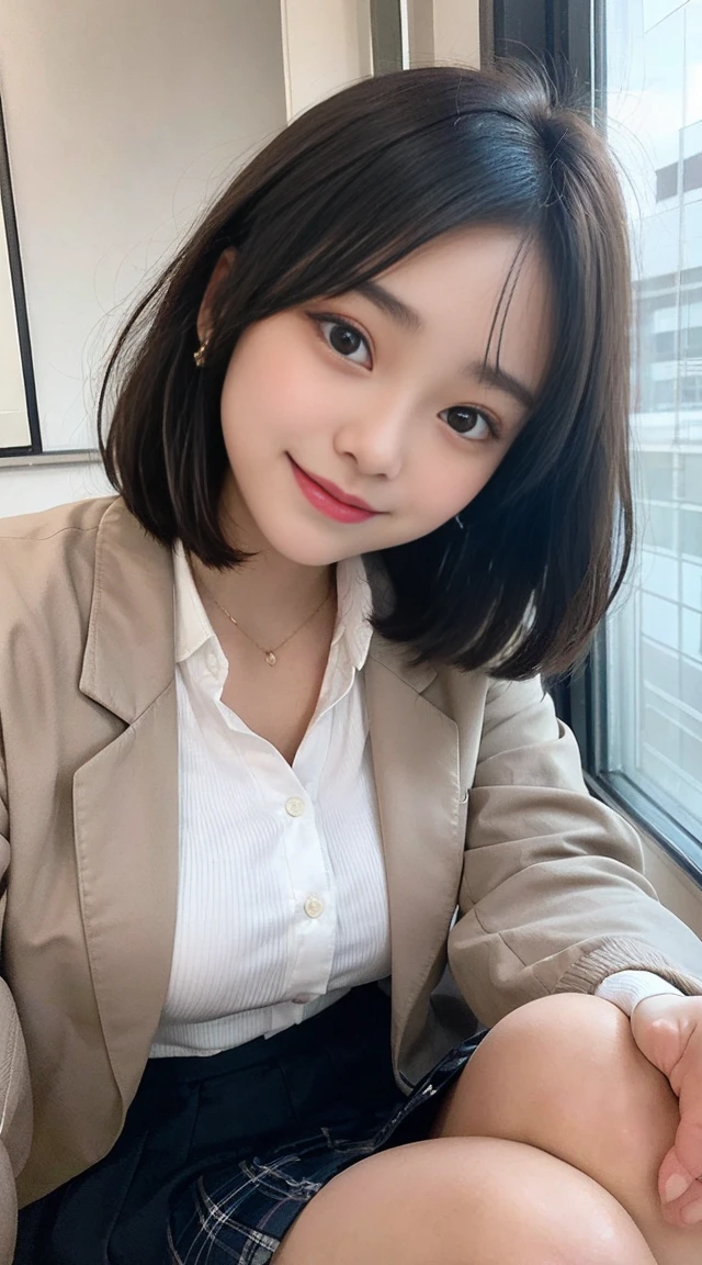 black hair, 17 years old, slender and busty body, short bob cut, aqua eyes,Show your teeth and smile, blush stickers, whole body, younger sister girl, round face, slightly puffed cheeks, Hinano Himeno, eyebrows downward, light blush, Double eyelids, Peeking at the viewer from above, affectionate cute, cute girl, surreal high school girl, lively eyes, (((low angle shot ))), Body facing the camera, ((angle from below )), one little star earring, Bend your legs inward and lean forward , ((put both hands on your knees )), white socks, Tilt your face a little, Breast size is F cup, rounded eyes, near the classroom window, 1 girl, Navy check frill skirt, Japanese high school girls' uniforms, close all buttons on the shirt, The hem of the shirt is inside the skirt, the shirt fits on the chest, smile, grin, ((light brown jacket)), Surrealism, depth of field, retina, masterpiece, anatomically correct, textured skin, award winning, super detail、体全体が写る構図