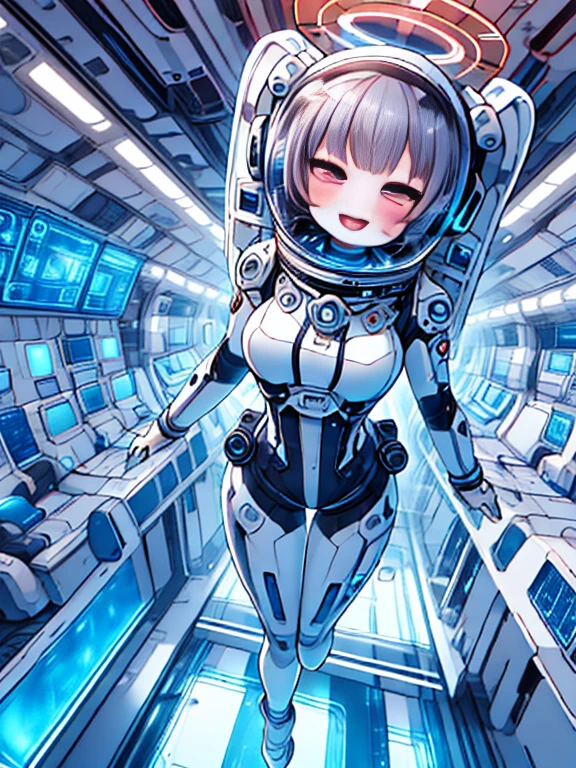 very detailed、masterpiece、high quality、one high school girl、12 years old、、(Black and white spacesuit、accent)、front zipper、(futuristic, Tight Fit Bodysuit)、headphone、Cyberpunk space station interior background、(Colorful purple hair),ロングtwin tails, (pink eyes), change,twin tails,sassy change，cheey change，mesugaki,girl,天才girl、(big breasts):1.0,(blush):1.1halo,(bing astronaut)