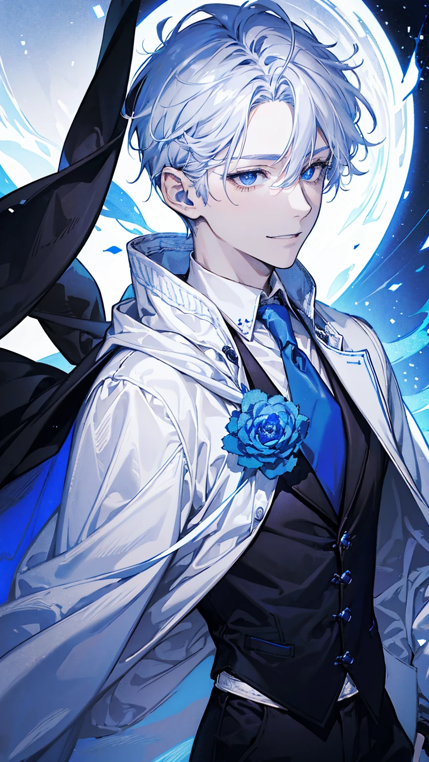 1young man,solo, male photo,confident smile, silver hair, ((short hair)), (short sideburns),light blue eyes, slant eyes,anatomically correct,blue ribbon tie,((black gloves)),((white cloak)),black suit,beautiful japanese style background,best quality, high quality,masterpiece, 8K