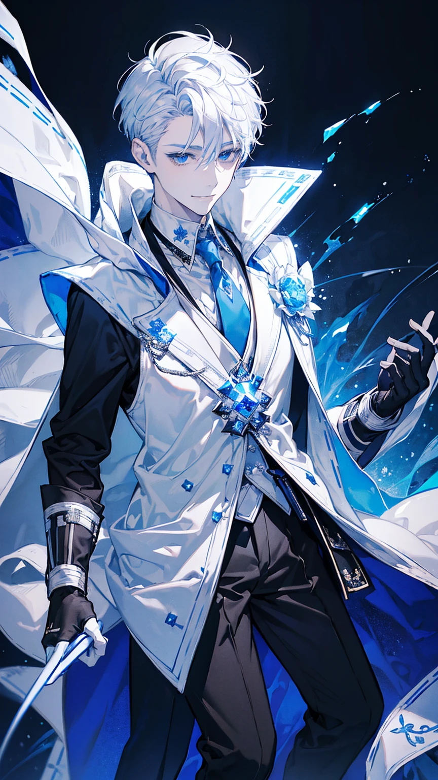ung man,solo, male photo,confident smile, silver hair, ((short hair)), (short sideburns),light blue eyes, slant eyes,anatomically correct,blue ribbon tie,((black gloves)),((white cloak)),black suit,beautiful japanese style background,best quality, high quality,masterpiece, 8K