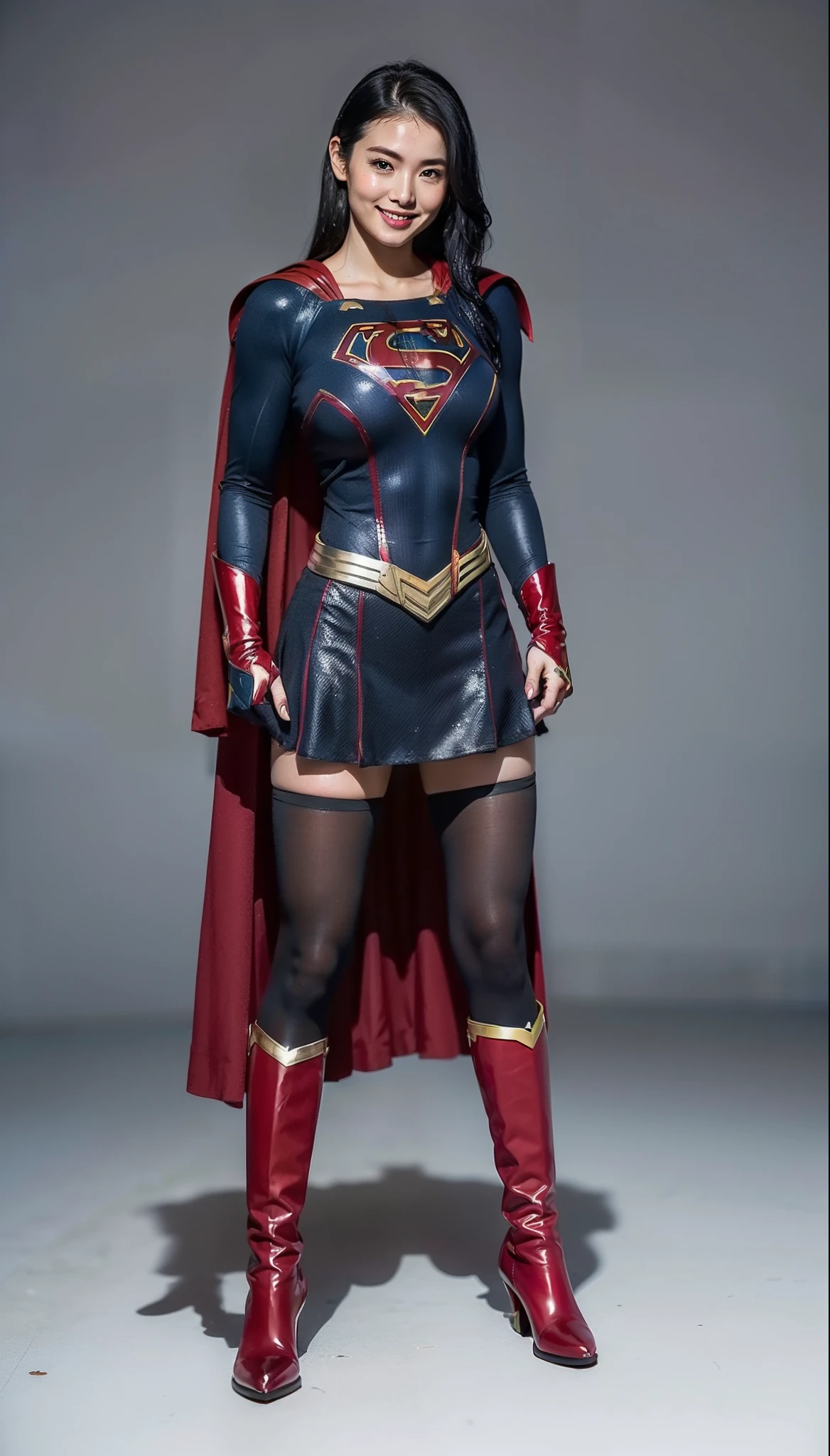 (((Make the most of your original images)))、(((Supergirl costumes)))、(((shiny black hair)))、(((suffering)))、(((Black tights must be worn on the legs)))、(((smile)))、(((must wear red boots)))、((best image quality、8K))、((highest quality、8K、masterpiece:1.3))、sharp focus:1.2、beautiful woman with perfect figure:1.4、thin abs:1.2、((layer cut、big breasts:1.2))、wet body:1.5、Highly detailed face and skin texture、