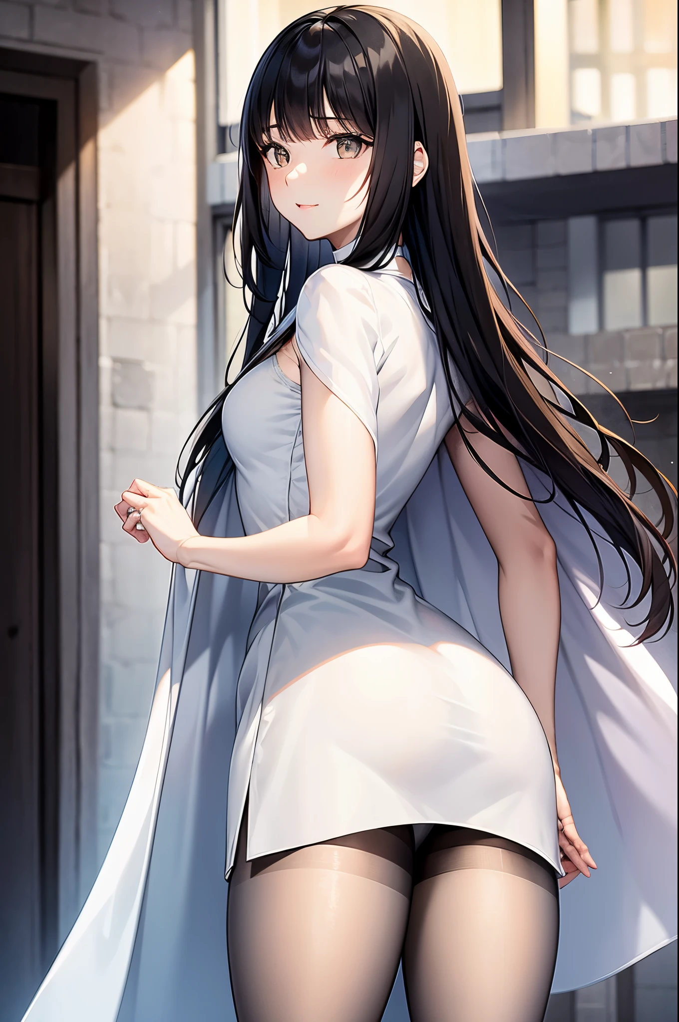 1girl, bangs, black hair, long hair, pantyhose, white dress, white choker, collarbone, cape, back, ass, looking back,