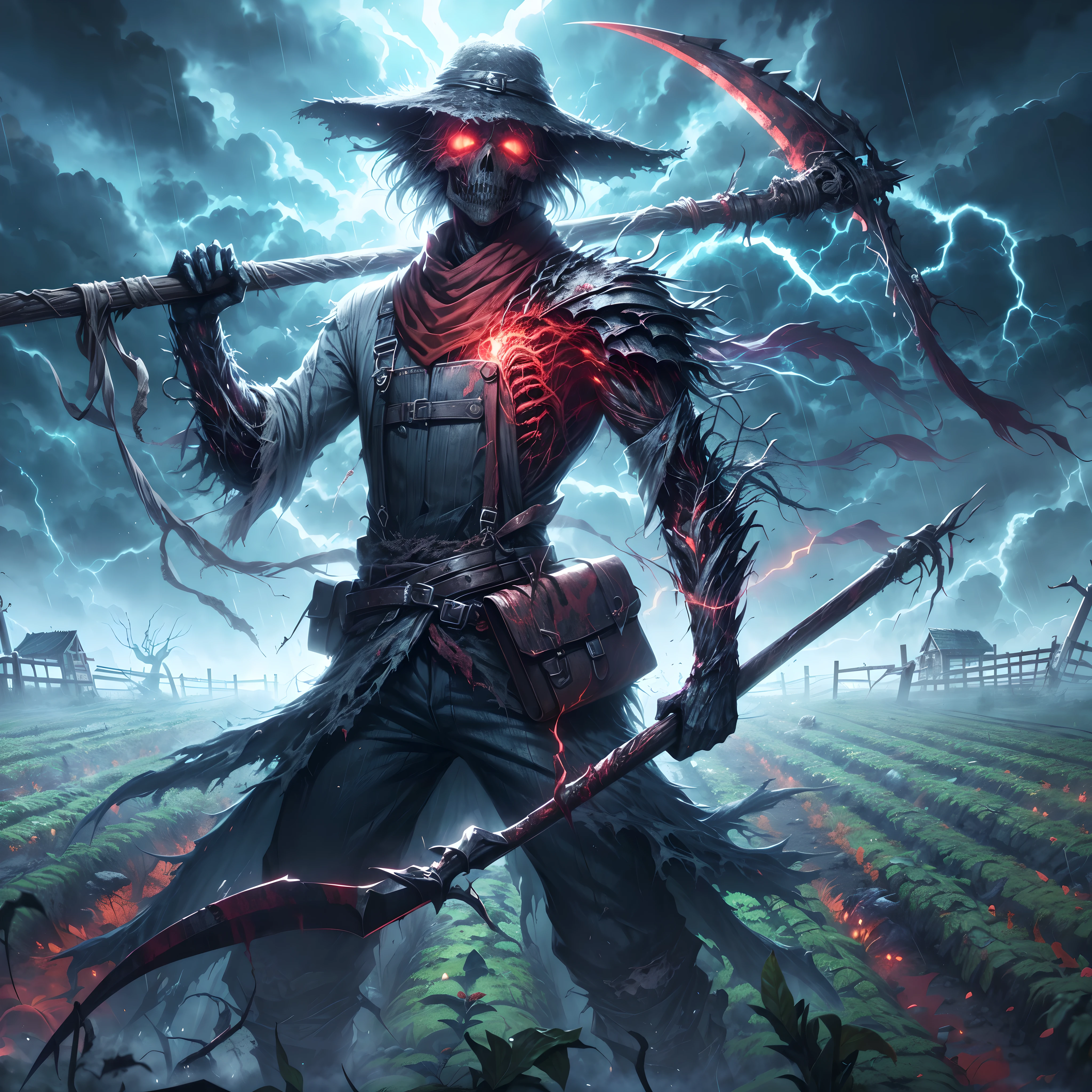 (best quality,4k,8k,highres,masterpiece:1.2),ultra-detailed,realistic:1.37,dark soul boss style,skull face,,Lovecraftian horror,haunted field background,scythe weapon,glowing red eyes,fantasy corrupted farmer outfit,energy cracking around body,battle aura,bloodstained,dynamic lighting,ominous atmosphere,grim and desolate,twisted trees,creepy fog,unsettling shadows,weathered scarecrows,distorted landscapes,haunting whispers,ominous sky,crumbling ruins,ominous storm brewing,lingering sense of darkness,ominous runes,shattered gravestones,mystery and suspense,brutal and intense,dread and fear,gothic elements,oppressive silence,menacing presence,horror-filled ambiance,dark and tormented souls,sinister energy,evoking a sense of doom,nightmare-infused reality