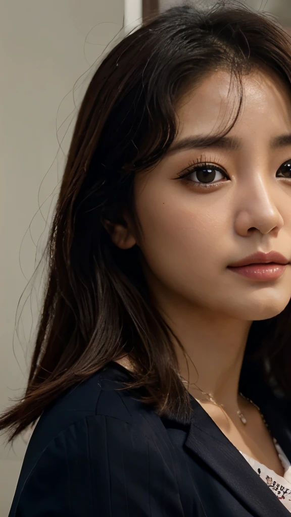 Jihyo park, olhos castanhos claros, roupas pretas, cabelos no ombro chanel, um olhar sedutor e misterioso 