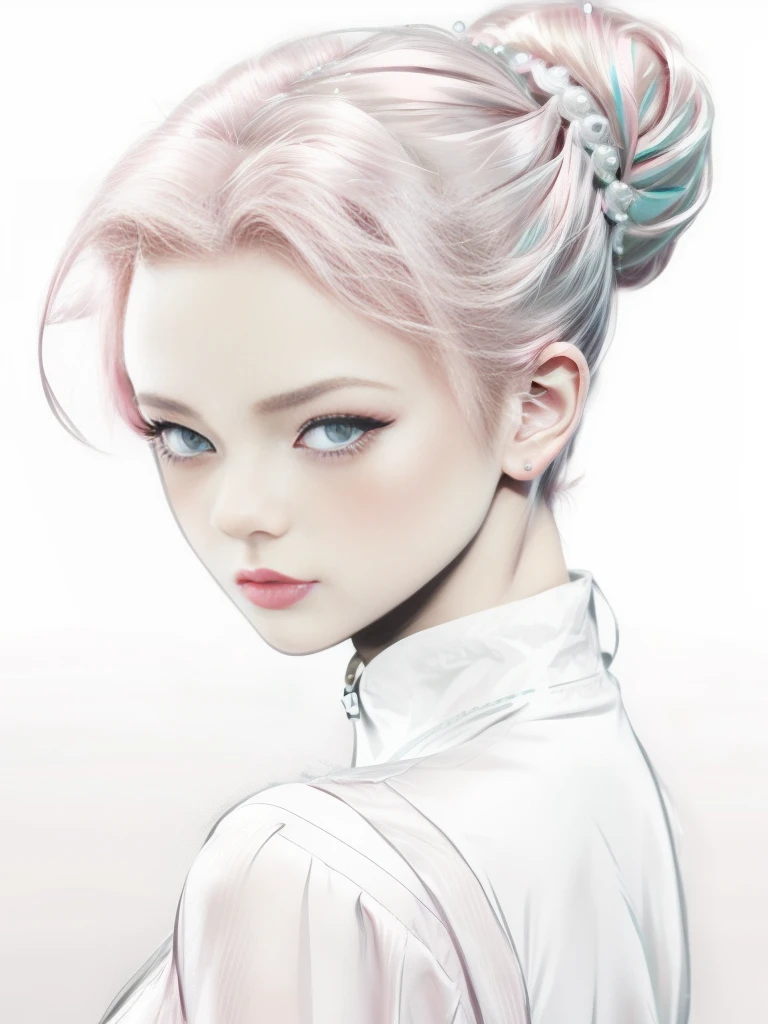 young woman, bubblegum pink hair tied in a bun, wide forehead, porcelain skin, pink eyebrows, emerald green eyes, upturned nose, thick pink lips, heart-shaped face, dark red clothes, Sakura Haruno, realism, well detailed, 3d