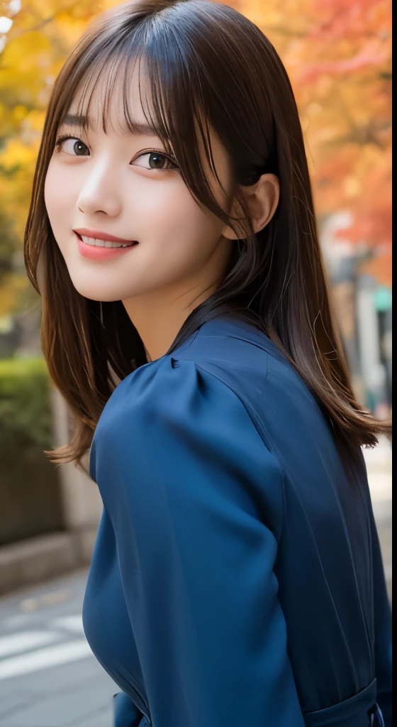 table top, highest quality, figure, super detailed, small details, High resolution, 8k wallpaper, 完璧なダイナミックな構figure, beautiful and fine eyes, Glamorous autumn dresses,medium hair, , natural color lips, random sexy poses,smile,Aoyama Street Promenade、20 year old girl、sculpture model pose