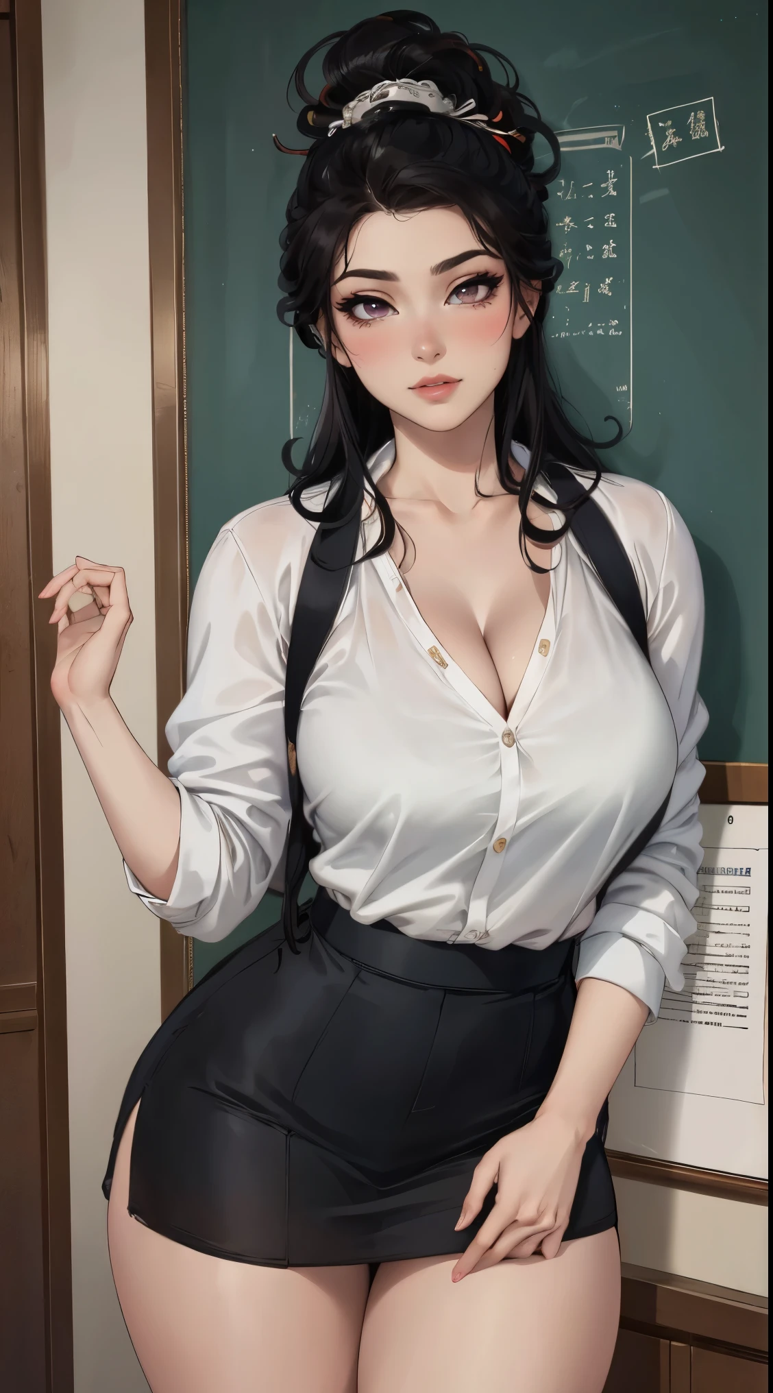 (best quality,4k,8k,highres,masterpiece:1.2),ultra-detailed,(realistic,photorealistic,photo-realistic:1.37),Nezuko Kamado,sexy seductive teacher,beautiful detailed eyes,beautiful detailed lips,long eyelashes,long dark hair,slim and curvy body,cleavage,revealing clothes,short skirt,provocative underwear,confident posture,teaching sex education,classroom setting,blackboard,books and papers,students paying attention,engaged and interested expression,focused and professional teaching,education posters on the wall,vivid colors,studio lighting,soft and warm color tones,gentle and inviting atmosphere