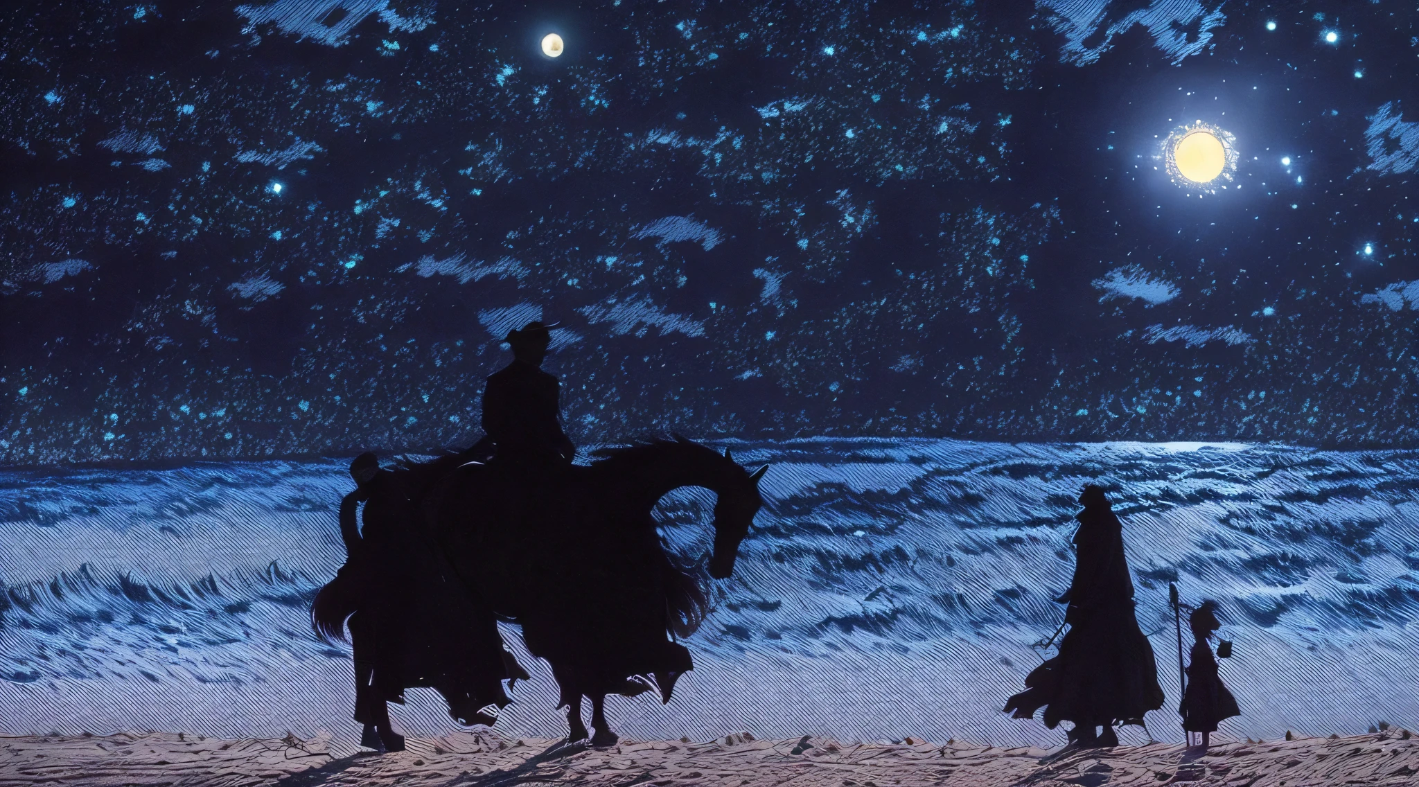 there are three people riding horses on the beach at night, pale white sand, from berserk, in berserk manga, wraiths riding in the sky, night time, white moon, starry sky, moonlight, dark sky, blue ocean waves