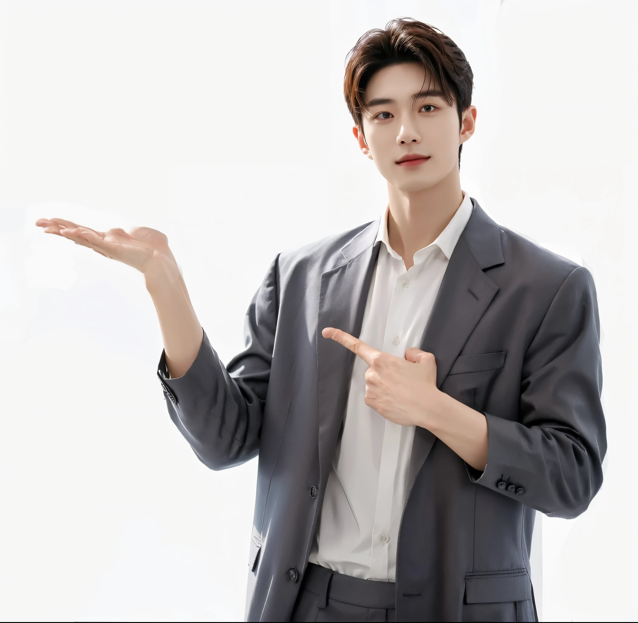 (In reality, high resolution:1.3), 20 years old korean man, very handsome, manly eyes, (photo realistic:1.4),(masterpiece, 8K, best quality, ultra detailed),studio shoot,pictorial,photography, Ultra-Detailed Face, Detailed Lips, normal hand, simple background, 남자다운 얼굴,looking at viewer, smile