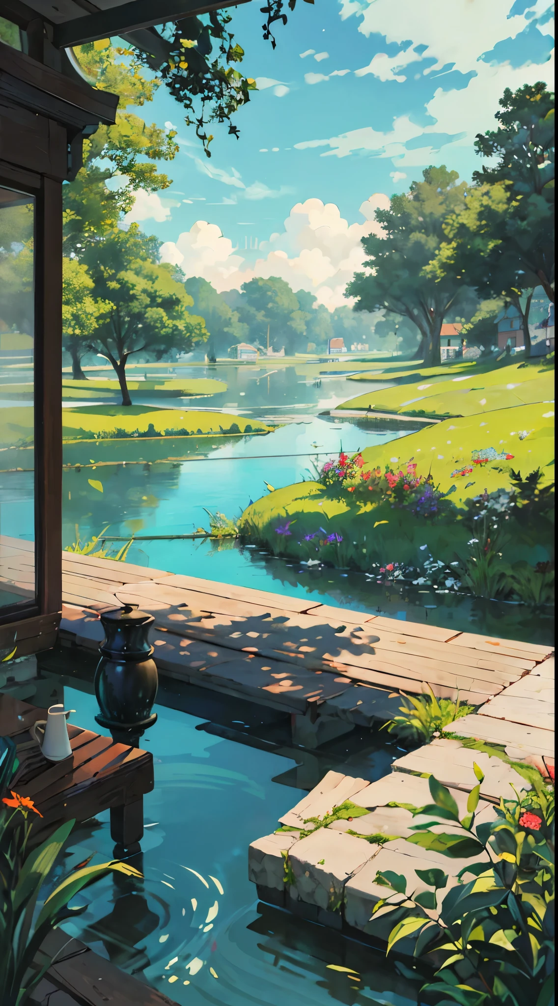 paisagem da casa do lago moderna ao fundo, detalhes extremos, alta qualidade, summer atmosphere, detalhes intrincados, storybook art, detalhes intrincados, arte ilustrada por Angie Lewin, Antônio Pieck, Abigail Larson, Arthur Wesley Dow, André Kehoe, Artgerm, Greg Rutkowski, e Andreas Rocha
