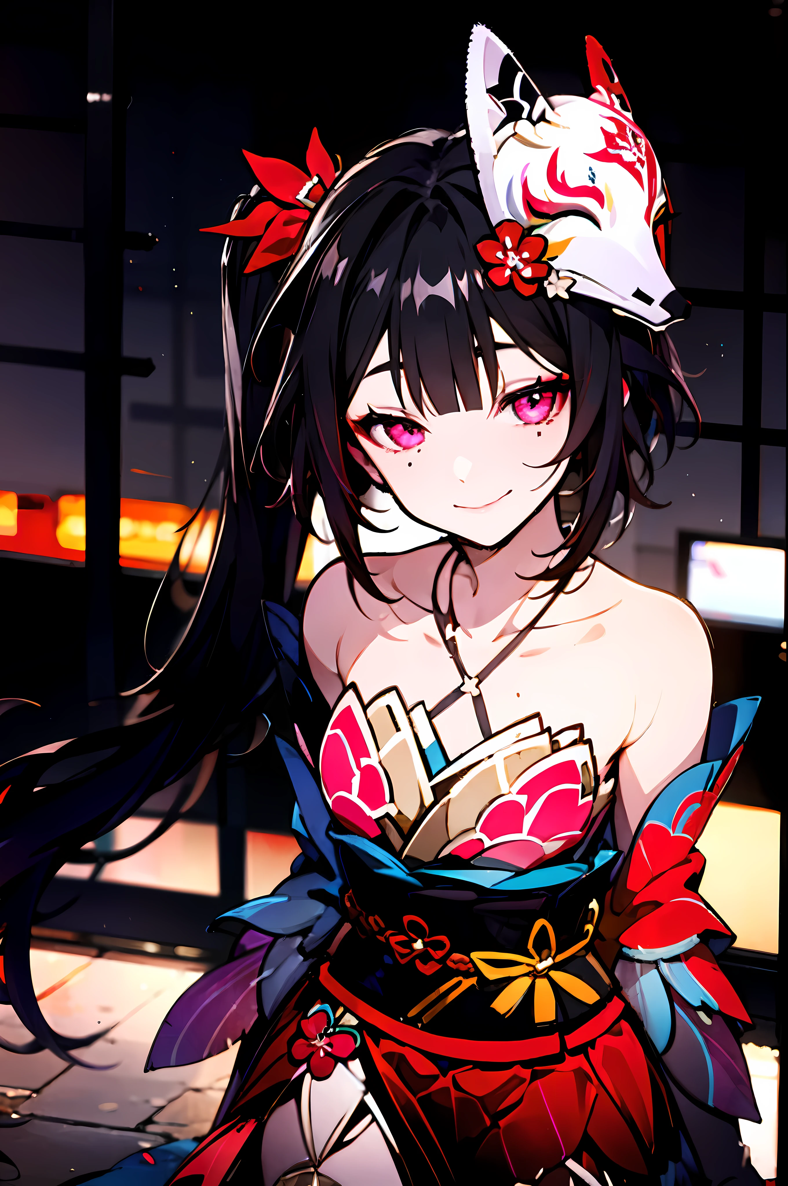 an extremely delicate and beautiful girl,8k wallpaper,masterpiece,indoors,cowboy_shot,sparkl,1girl,solo,mask on head,hair ornament,symbol-shaped pupils,kimono,shorts,bare legs,detached sleeves,looking at viewer,hair ornament,detached sleeves,neck bell,heart tattoo,collarbone,small breasts,standing,Latex clothes, high heels, high heel soles,