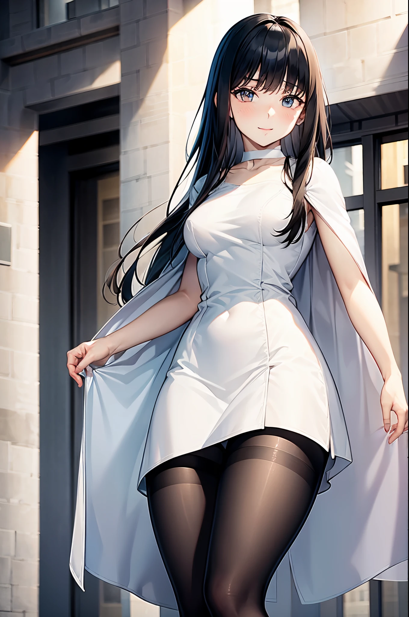 1girl, bangs, black hair, long hair, pantyhose, white dress, white choker, collarbone, cape, back, ass, looking back,