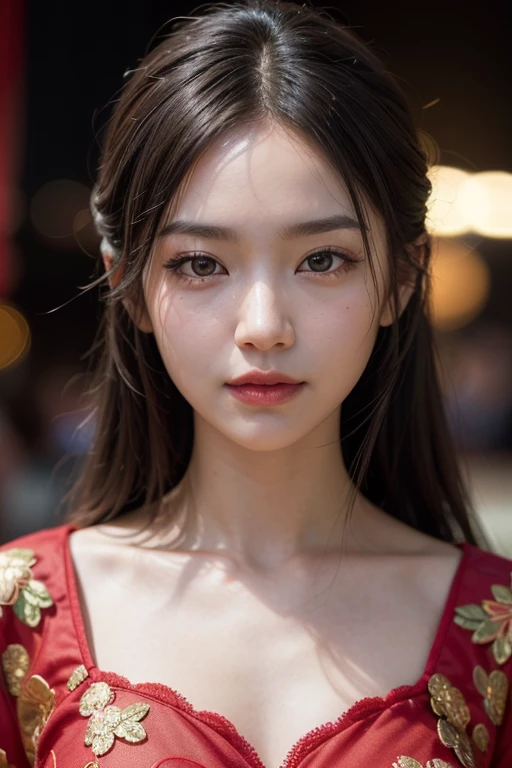wide angle photography shot by Nikon-z9, (50mm lens, f/1.4, ISO 100), A woman model wears a Mandarin gown red color, celebrate the Chinese New Year, (RAW photo:1.2), (photorealistic:1.4), (masterpiece:1.2), (intricate detailed), (best quality:1.2), (professional photography), (realistic:1.5), (soft light:1.3), (defuse lighting:0.7), (ambient lighting:0.6), (rim lighting,:1.2), fine textures, (depth of field:1.2), (bokeh:1.2), (face focus:1.5), film overlay, film grai