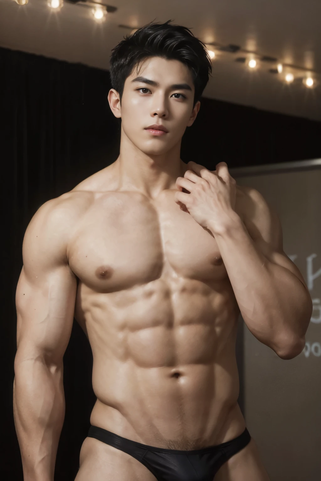 1boy, vietnamese male, a handsome muscular boy, very handsome, highschool student, male model, wearing sexy black micro thong, huge bulge, bulge, crotch line, posing and flexing, dynamic poses, very beautiful, wide shoulders, narrow waist, puffy chest, developed pectorals, dark nipples, sexy and cute, mesomorph body type, smooth hair, short hair, detailed face, detailed eyes, smirking, sly, mischievous, modeling, posing, perfect hands, pubic hair, sexy and cute, realistic skin, dark skin, aesthetics, perfect hands, ((photo by adonisjing), realistic, photorealistic, masterpiece, highest quality, perfect lightings), indoors, on stage, bodybuilding competition