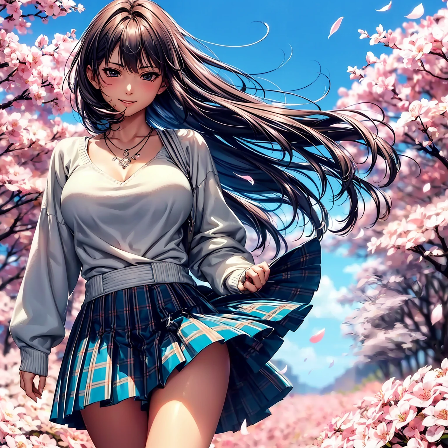 (highest quality、masterpiece、very high resolution、ultra high resolution.High-quality detail)、(A woman with perfect and ultimate beauty:18-year-old,bright smile,beautiful body、beautiful face)、(There are many variations of hairstyles,The bangs are neatly arranged,beautiful hair),(Beautiful breasts with a slender body shape:F cup,beautiful hair texture,Beautiful skin texture,Lifelike textures,Beautiful colors),(Wear a sweater,diamond necklace,Wearing a plaid pleated skirt,shoulders are exposed,I can see the cleavage:1.2),(A path lined with flourishing cherry blossom trees,Cherry blossoms fall,beautiful scenery),(the wind is blowing,The wind blows and my skirt flaps,The wind blows and the hair flutters,sight,mouth opens 1.2)(whole body,I can see my thighs,accurate anatomy、highly detailed images、accurate image、Perfect Image 1.5)、beautiful anime woman, beautiful art style, anime character、(Overall image、Image without defects、natural soft light、beautiful images),(best shot,RAW photo 1.2)