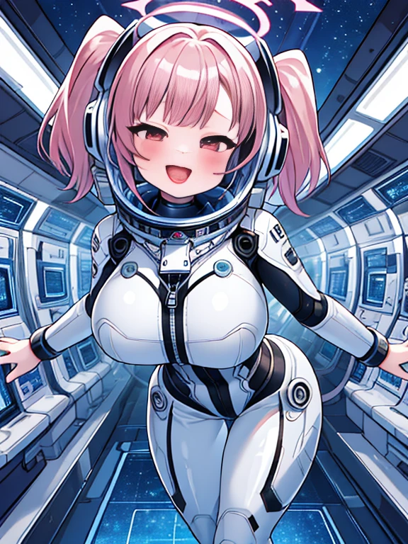 very detailed、masterpiece、high quality、one high school girl、、、(Black and white spacesuit、accent)、helmet,front zipper、(futuristic, Tight Fit Bodysuit)、headphone、Cyberpunk space station interior background、(colorful golden hair),ロングtwin tails, (pink eyes), change,twin tails,sassy change,cheey change,mesugaki,girl,天才girl、(big breasts):1.0,halo,(bing astronaut),BREAK,(blush):1.1