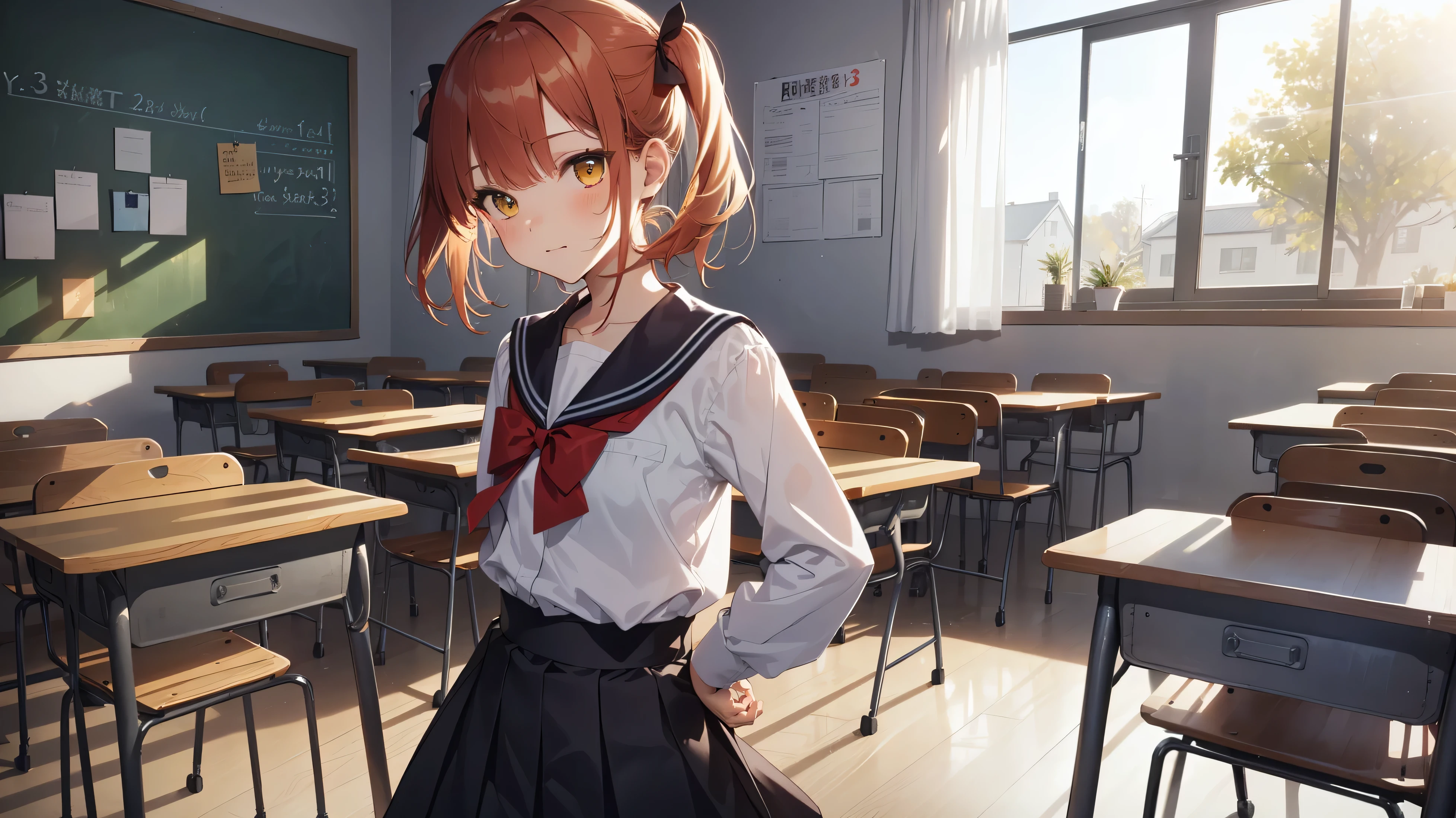 ((top quality, ultra-detailed, high resolution, extremely detailed CG, unity 8k wallpaper, by famous artist, perfect anatomy, super detailed skin, cinematic lighting, UHD, retina, anatomically correct, 1080P)), (Please draw a single one happy girl walking in a classroom school :1.3), ((1girl)), (Solo, face,13-year-old:2.0), a junior high school student, androgynous charm, (Medium hair, full red hair (redhead), pigtails, straight bangs, with a little bow), Full limbs, complete fingers, ((perfect fingers)), flat chest, childish body, small butt, groin, Beautiful detailed full yellow gold eyes, perfect eyes, sailor school uniform white and blue (The blouse is typically white, skirt is blue) (Detailed Lighting), (Detailed background), (in the school zone), full body view, standing, legs, uwabaki shoes. Cute, kawaii single girl (one girl), full body shot. Background is the school, front body