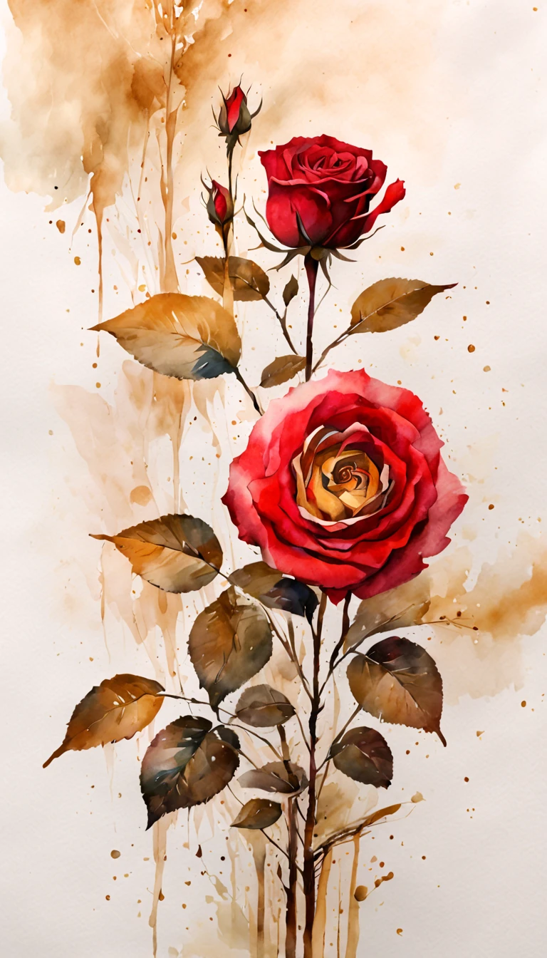 isolated on white background(Red rose)watercolor flower painting、watercolor painting、Splash technology recreates the mud atmosphere in wet environments、unique ingredients、Abstract representation、Contains surreal elements、light tone.Light and gold color scheme、High resolution details、Ink splash effect、pale color。