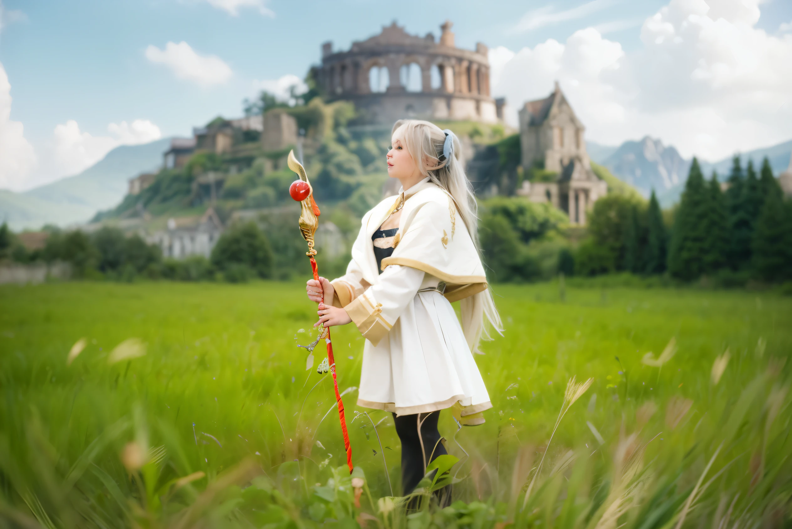 (Best quality, 8k, 32k, Masterpiece, UHD:1.2) "Immerse the viewer in the enchanting world of Frieren: Beyond Journey's End. Capture the essence of a mystical forest with ancient ruins and towering mountains in the background. Infuse the scene with a touch of magic and fantasy, emphasizing the lush greenery, vibrant flora, and the remnants of a long-lost civilization. Pay careful attention to the play of light filtering through the dense foliage, creating dappled patterns on the forest floor. Ensure that the mountains convey a sense of grandeur and mystery in the distance. Apply cinematic lighting to enhance the atmosphere, casting soft and warm illuminations on the landscape. Let the image transport the viewer to a moment of quiet exploration in this captivating fantasy realm."