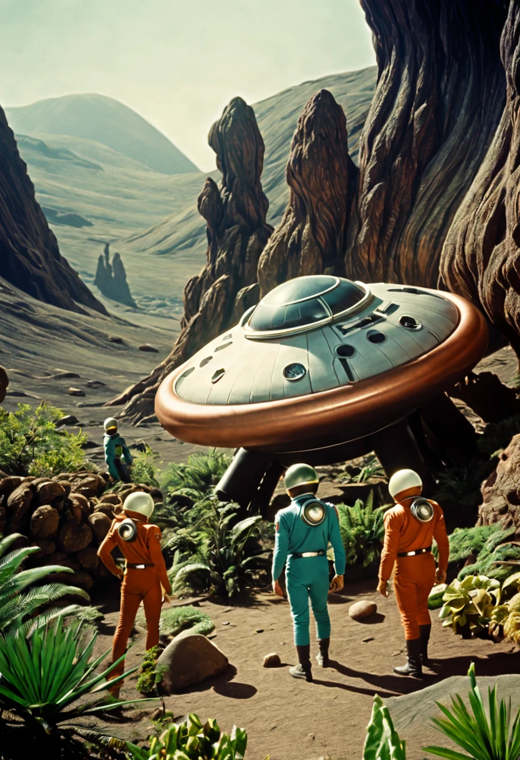 action scene, personagens correndo fugindo, (((aventura))), Crew of an old starship from a 1960s TV series in a rustic, planeta pitoresco, lost in space, with scenic plants and rocks, republic series, Programa de TV de Irwin Allen, Science fiction, Uniformes de acampamento coloridos estilo Star Trek e Lost in Space, retro look, vintage, estilo antigo, rostos perfeitos tipo atores dos anos de 1960, ((ROSTOS PERFEITOS)), large very colorful scenery, cogumelos gigantes, Alien plants, ((ROSTOS PERFEITOS)), include an alien in the crew, rostos melhorados, alienogen, robot, Planeta Extraterrestre, TV studio lighting, fake scenario