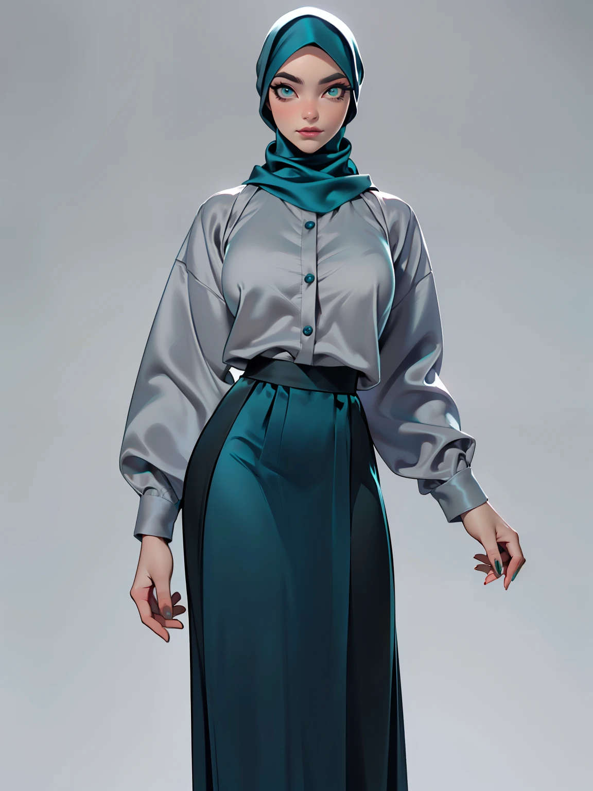 (Masterpiece, best quality) detailed, character sheet, ((a woman, beautifully makeup, eyeshadow, beautiful big eyes, long eye lashes, wearing (Teal satin hijab), ((gray satin shirt)), ((satin long maxi skirt)), photography, detailed skin, realistic, photo-realistic, 8k, highly detailed, full length frame, High detail RAW color art, diffused soft lighting, shallow depth of field, sharp focus, hyperrealism, cinematic lighting, yokai illustration style, Aztec art, style artgerm, full of details. Standing Symmetric Centre, facing the viewer, gray background.