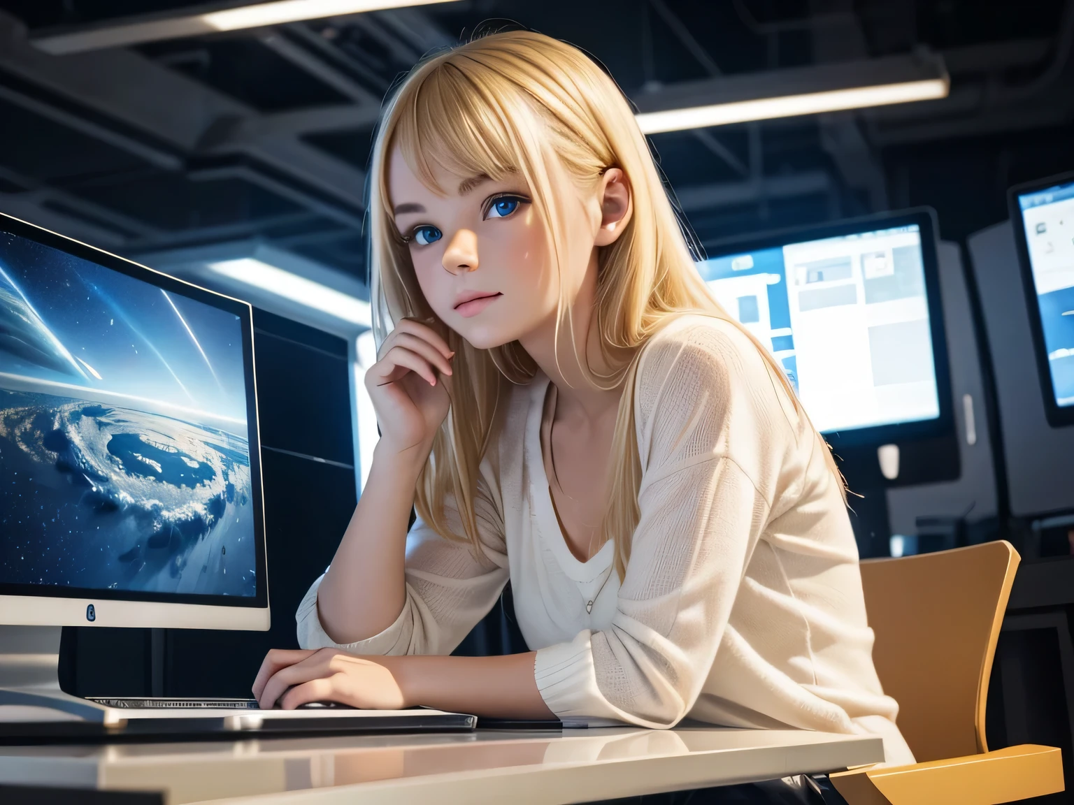 Blonde girl sitting at the computer, Beautiful European face, British fold cat, play computer games, space theme all around