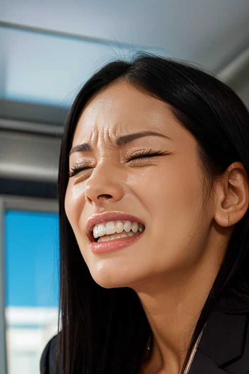 1girl,muste piece,,Award-winning photo, Extremely detailed, edge orgasm,face focus, (woman with open mouth and closed eyes ), 30 years old、black hair、shiny skin、Close-up of face,from below、realistic nostrils、elongated nasal passages,、train、(train車内)、congestion、Are standing、((business suit))、big breasts、(sharp nose)grimacing expression,#concept,teeth,expression,facial expressions,grimacing