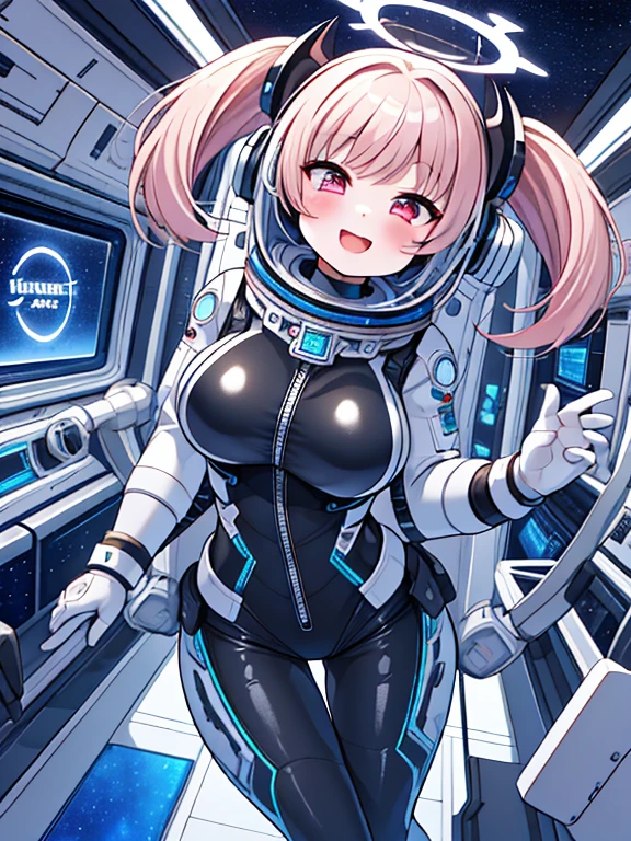 very detailed、masterpiece、high quality、one high school girl、、、(Black and white spacesuit、accent)、helmet,front zipper、(futuristic, Tight Fit Bodysuit)、headphone、Cyberpunk space station interior background、(colorful golden hair),ロングtwin tails, (pink eyes), change,twin tails,sassy change，cheey change，mesugaki,girl,天才girl、(big breasts):1.0,halo,(bing astronaut),BREAK,(blush):1.1