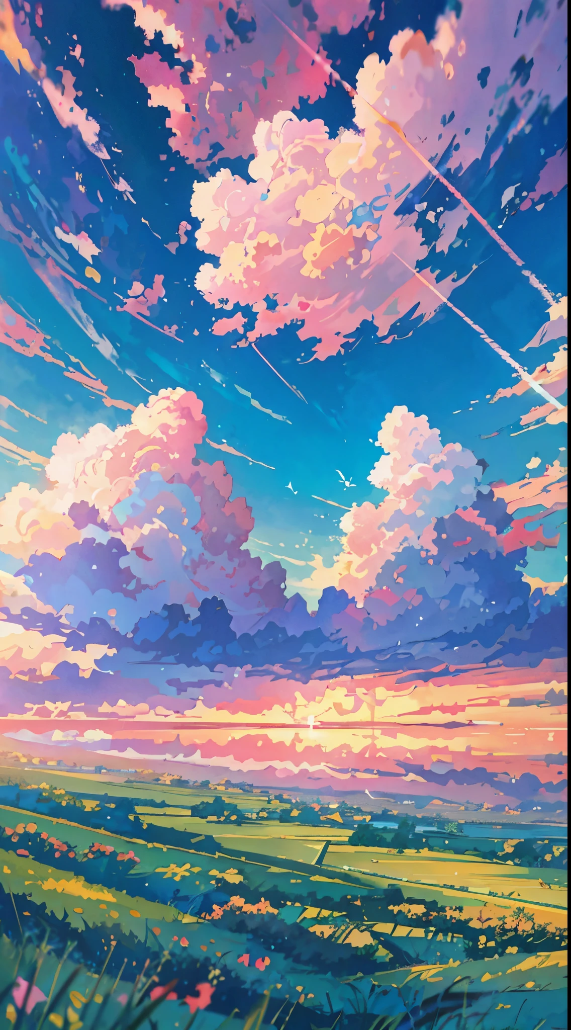 Beautiful anime landscape with sky and clouds, Anime landscape, anime countryside landscape, anime landscape wallpapers, anime beautiful peace scene, beautiful anime scenery, Anime Sky, Cosmos Sky. By Makoto Shinkai, rhads and lois van baarle, Makoto Shinkai Cyril Rolando, Anime background art, Anime Cloud, beautifull puffy clouds. anime big breast