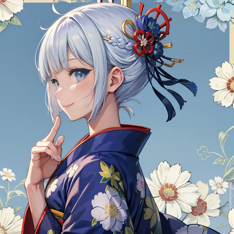 1 girl, solo, short hair, smiling, with bangs, blue eyes, hair ornament, closed mouth, blue hair, upper body, (Japanese pattern background), (colorful flowers dancing), colorful flowers, white hair, kimono, hair ornament, kimono, from side, profile, flower pattern,,, beautiful hands