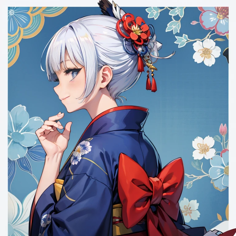 1 girl, solo, short hair, smiling, with bangs, blue eyes, hair ornament, closed mouth, blue hair, upper body, (Japanese pattern background), (colorful flowers dancing), colorful flowers, white hair, kimono, hair ornament, kimono, from side, profile, flower pattern,,, beautiful hands