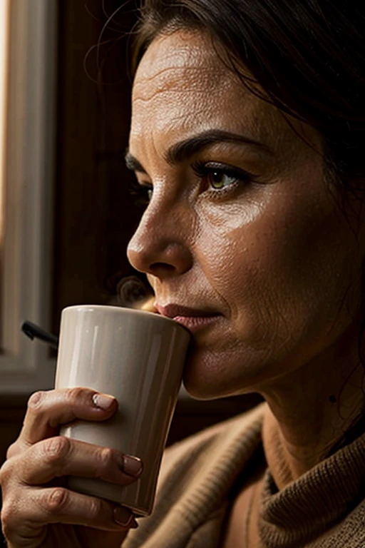 realistic, 40-year-old woman, drinking a coffee, detailed facial features, soft colors, intense lighting, cold tones,