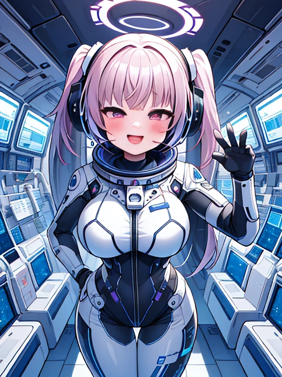 very detailed、masterpiece、high quality、one high school girl、12 years old、(helmet):1.4,(Black and white spacesuit、accent)、front zipper、(futuristic, Tight Fit Bodysuit)、headphone、Cyberpunk space station interior background、(Colorful purple hair),ロングtwin tails, (pink eyes), change,twin tails,sassy change，cheey change，mesugaki,girl,天才girl、(big breasts):1.0,(blush):1.1halo,(bing astronaut)