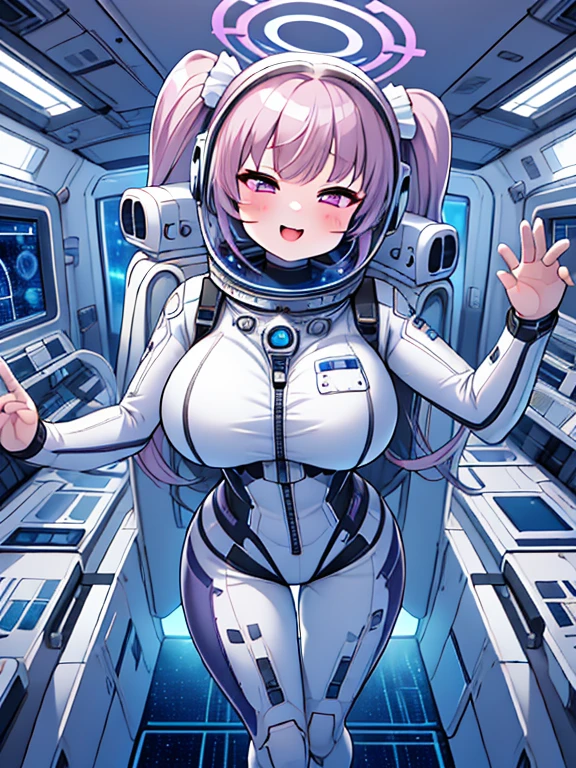 very detailed、masterpiece、high quality、one high school girl、12 years old、(helmet):1.4,(Black and white spacesuit、accent)、front zipper、(futuristic, Tight Fit Bodysuit)、headphone、Cyberpunk space station interior background、(Colorful purple hair),ロングtwin tails, (pink eyes), change,twin tails,sassy change,cheey change,mesugaki,girl,天才girl、(big breasts):1.0,(blush):1.1halo,(bing astronaut)
