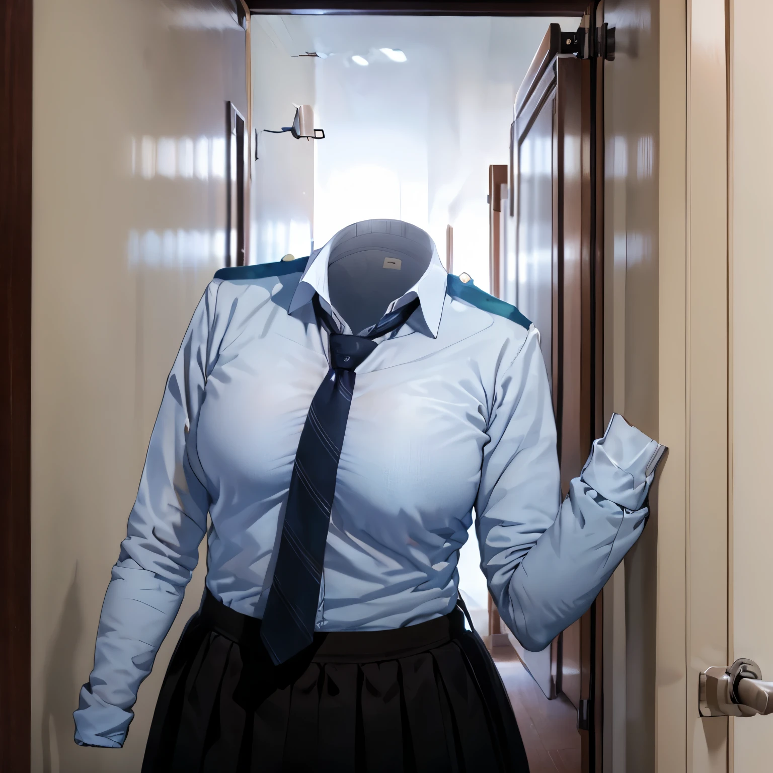 hanged school uniform on hanger in closet, stripe tie, long sleeve, cute big breasts, (invisible, no human, headless, handless:1.5)