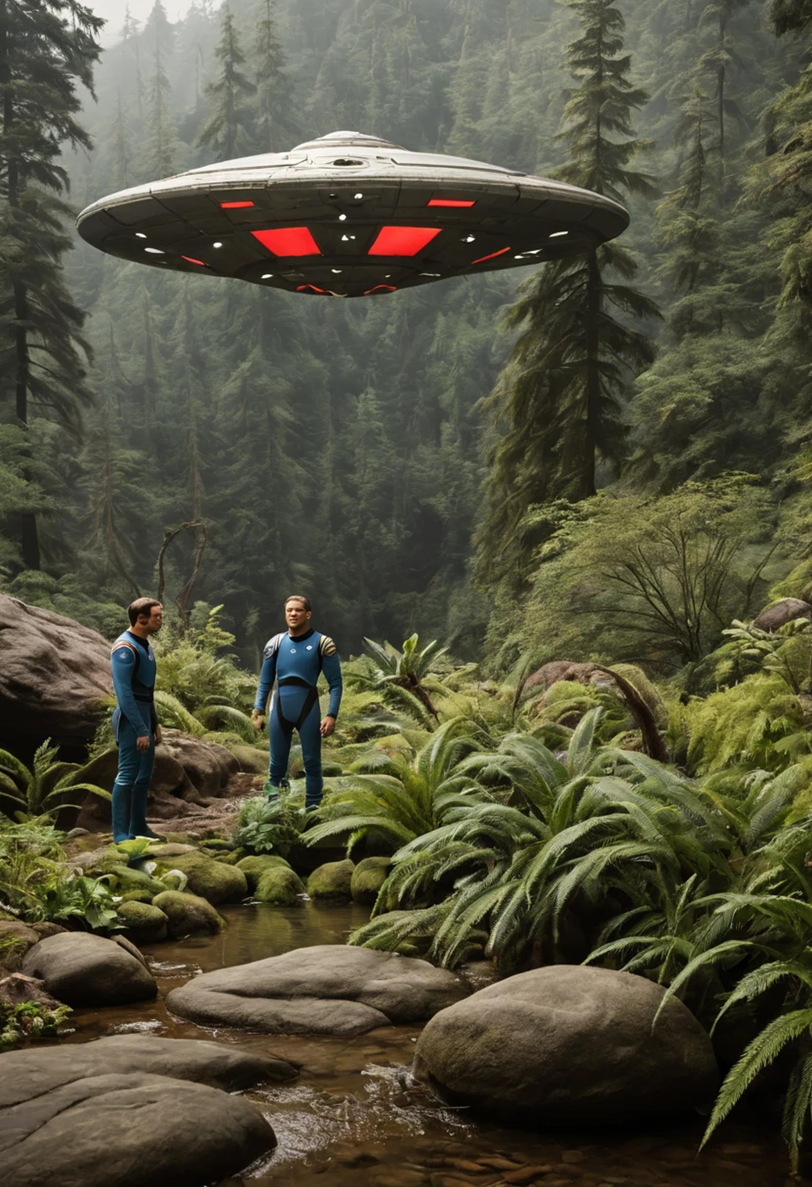 cena de ação incluindo um robot, personagens correndo, Crew of an old starship from a 1960s TV series in a rustic, planeta pitoresco, lost in space, with scenic plants and rocks, republic series, Programa de TV de Irwin Allen, Science fiction, Uniformes de acampamento coloridos estilo Star Trek e Lost in Space, retro look, vintage, estilo antigo, rostos perfeitos tipo atores dos anos de 1960, ((ROSTOS PERFEITOS)), large very colorful scenery, cogumelos gigantes, Alien plants, ((ROSTOS PERFEITOS)), include an alien in the crew, rostos melhorados, alienogen, robot, Planeta Extraterrestre, TV studio lighting, fake scenario, put an alien in the scene, colocar um robot em cena