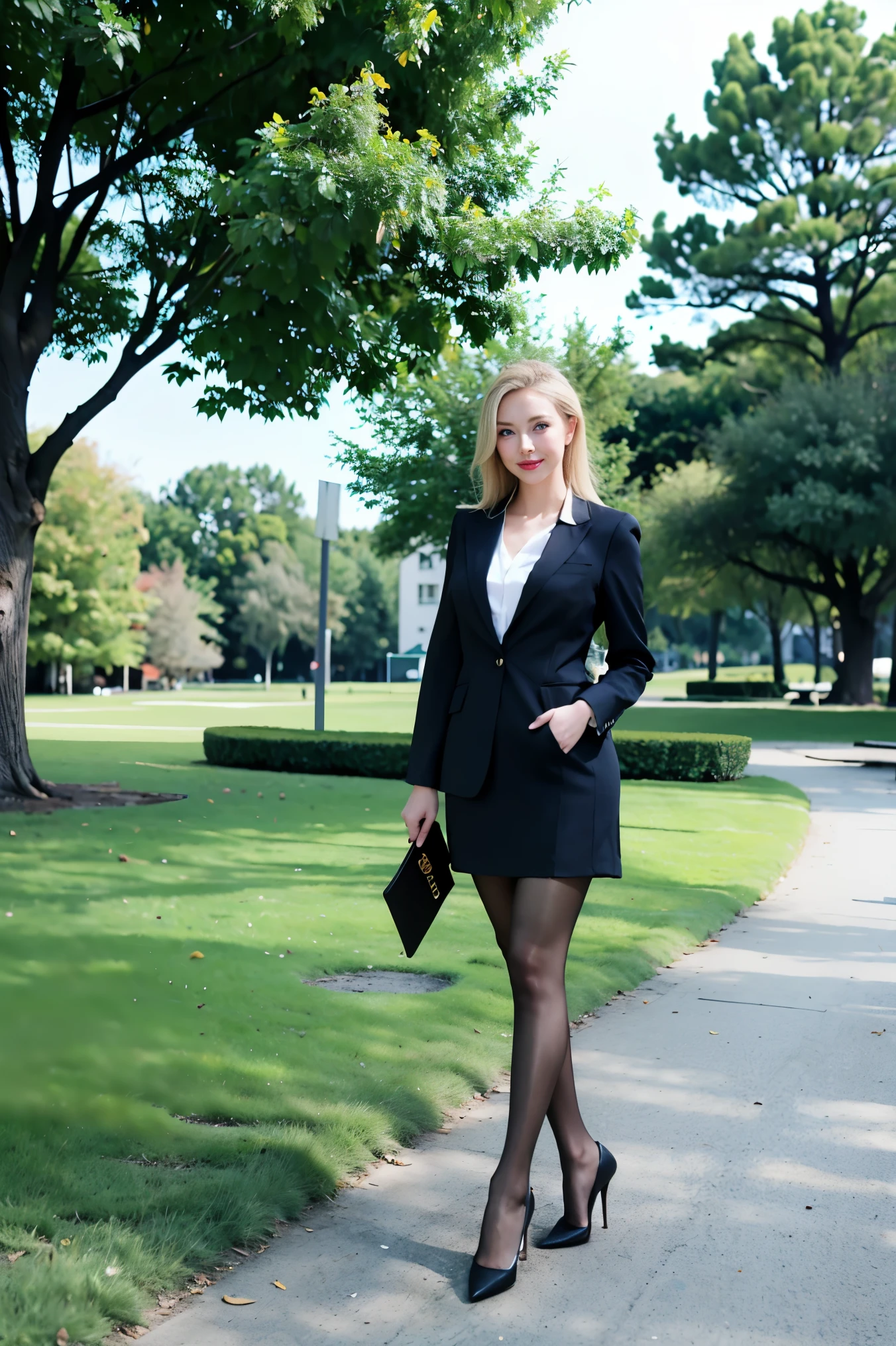 masterpiece, best quality, 1 girl, beautiful, beautiful, Beautifully, extremely complex, detailed, blonde hair, jacket, blue eyes, ((masterpiece)), Very detailed, best quality, high resolution, ((in the park)), bridget, Smile, Skin color pantyhose,High heel,