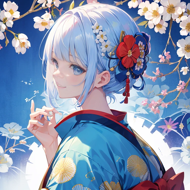 1 girl, solo, short hair, smiling, with bangs, blue eyes, hair ornament, closed mouth, blue hair, upper body, (Japanese pattern background), (colorful flowers dancing), colorful flowers, white hair, kimono, hair ornament, kimono, from side, profile, flower pattern,,, beautiful hands