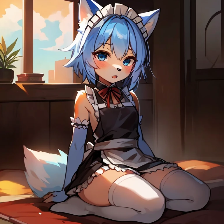 masterpiece, high quality portrait, 16k, furry,the only person，( blue eyes, sky blue hair，dark blue arm，white stockings，White knee-length socks:1.2),，maid dress，Fox, cub, bit girl,skin_tooth, Double References, warm light, Japanese style seiza,Bedroom, full shot,author：Sumi Kuroi, Yeah,Kiyosan