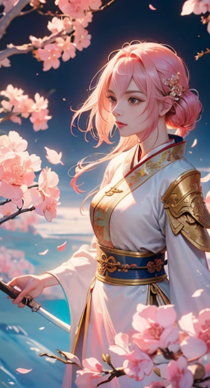 highly detailed artwork, Tall characters, alcohol ink painting style, Stand out with gold highlights.. The subject is a skilled Chinese female warrior with long, flowing pink hair, looking at the camera, Bright skin, and wore beautiful pastel pink hanfu-inspired outfits.. She held a golden long sword in her hand., Falling gracefully from the sky with clothes and hair blowing in the wind., Create a captivating scene. The composition consists of the play of light and shadow., The Forbidden City is the background., And the camera angle will be higher when the character descends.."