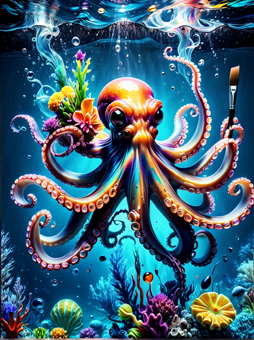Whimsical vibe，an underwater world，((1 cute octopus holding a paintbrush and drawing pictures on the drawing board:1.5))，((油画颜料和彩色ink的强烈飞溅效果:1.6))，(More ink splatter effects on the canvas and octopus:1.6)，(Character covered in ink liquid splatter:1.6), (Underwater world background，Splashed ink，ink:1.6)，The octopus should look happy doing its art，周围是充满珊瑚和海洋生物的energetic水生环境，Lovely 3D rendering, Character covered in ink liquid splatter, 4D cinema rendering octane, blender art, Hospital 4D color rendering, highly detailed photo of happy, Rendering in cinema4d, 4D cinema rendering, Colorful octane rendering, 3d illustration, 3D illustration, Stylized for 3D rendering . energetic, beautiful, translucent, complex, detailed