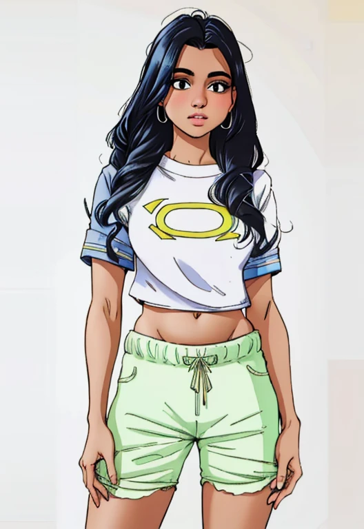 Mulher Araafed com blusa branca e shorts verdes, neon branco wash, tiro do meio da cintura para cima, physicist : a menor barriga de todos os tempos, vestido com uma camiseta branca, a menor barriga de todos os tempos, usando um top cropped sexy, usando roupas simples e apertadas, usando top curto, Topo branco, neon branco, foto completa do produto