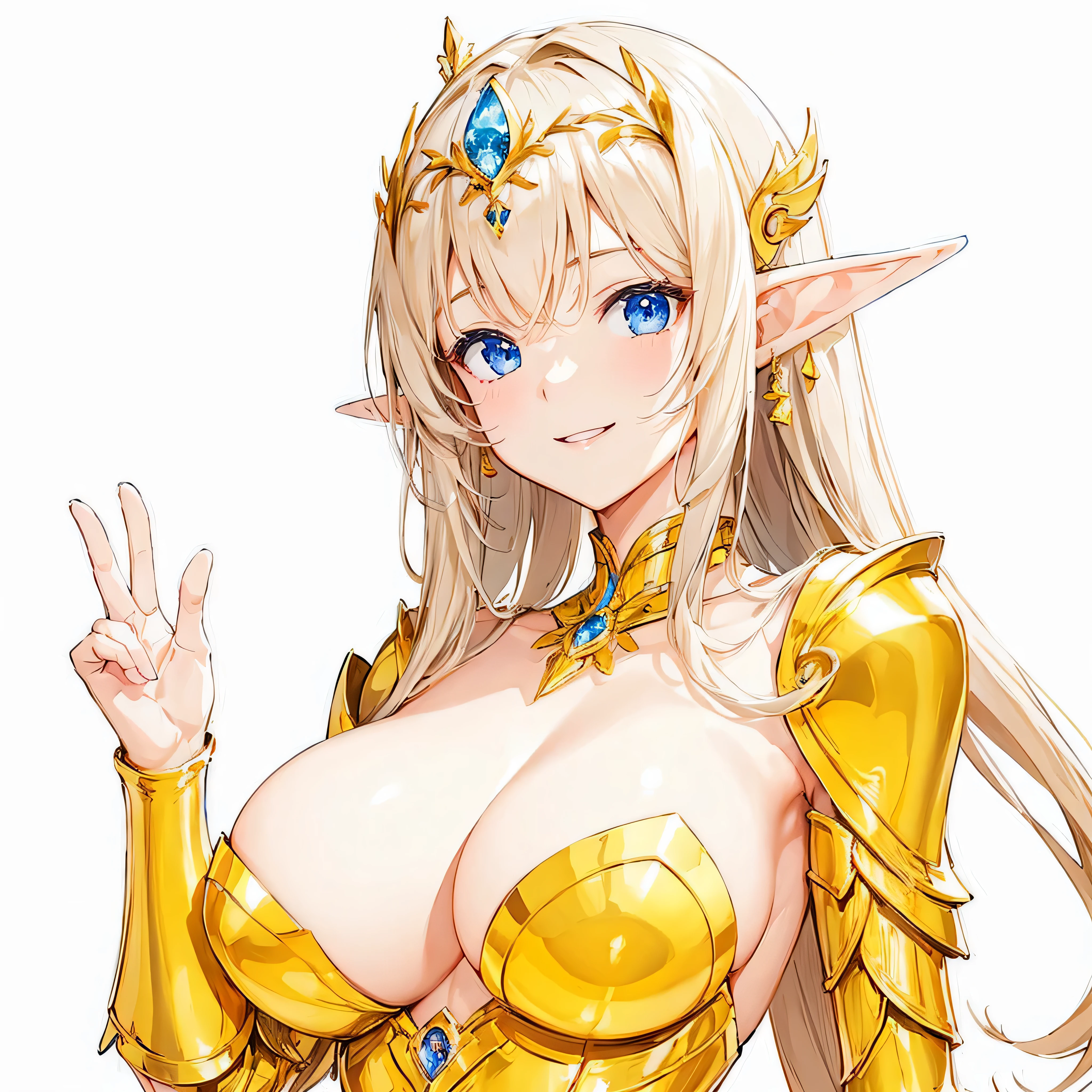 masterpiece、highest quality、very detailed、High resolution、16k、Thin contours、I can see the nipples、chest proportions、elfの女の子、golden armor shines、Sheer white skirt、black pants、very white skin、beautiful fingers、Anime girl very big breasts naked pose、perfect style、elf、No bra、blonde blue eyes、cool smile